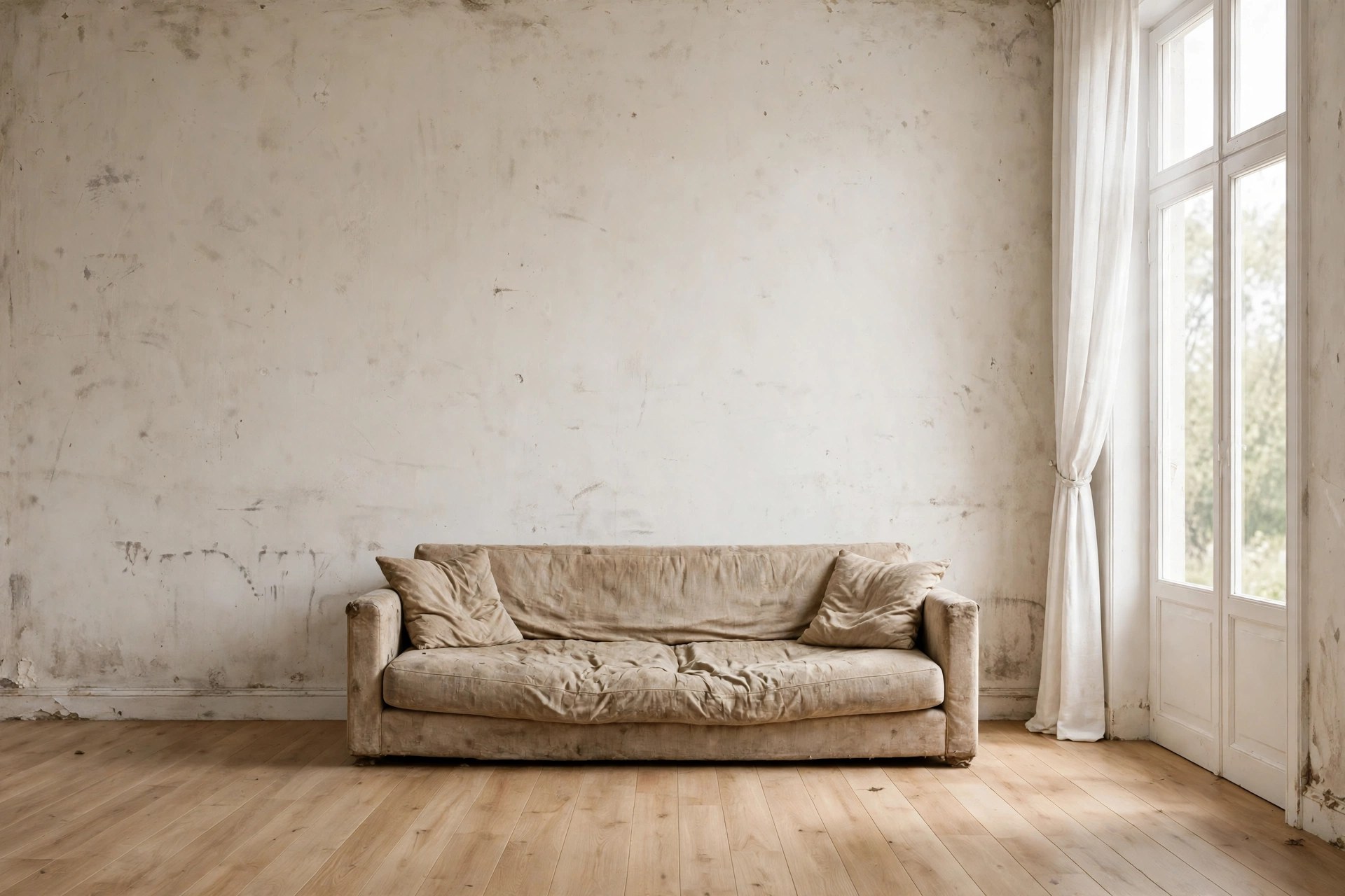 Same room with plain walls and a worn-out old sofa